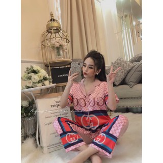 Bộ lụa thiết kế hot cộc tay-quần dài pijama satin lụa hình tay cộc