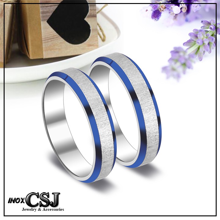 02 chiếc nhẫn cặp đôi tình nhân inox cao cấp viền sơn xanh đẹp, không đen - tặng hộp đựng xinh xắn