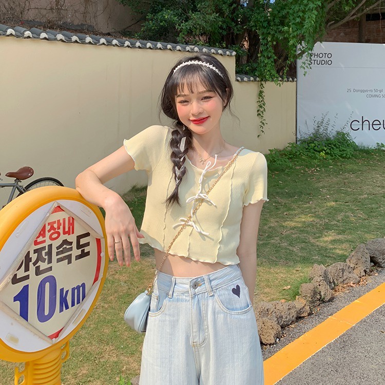 Áo thun ZHELIHANGFEI ngắn tay thắt nơ xinh xắn thời trang