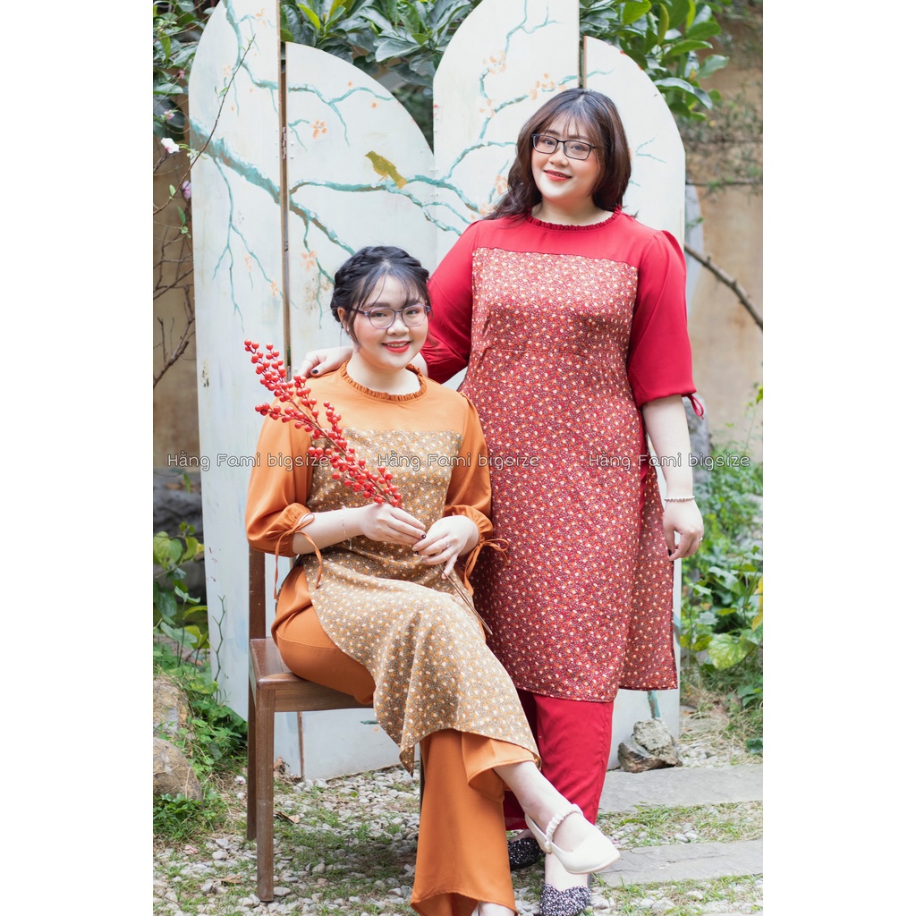 Áo dài hoa phối, tay bo chun nơ kèm quần bigsize (AD06) ( size 60kg - 95kg ) [Hằng Fami bigsize]