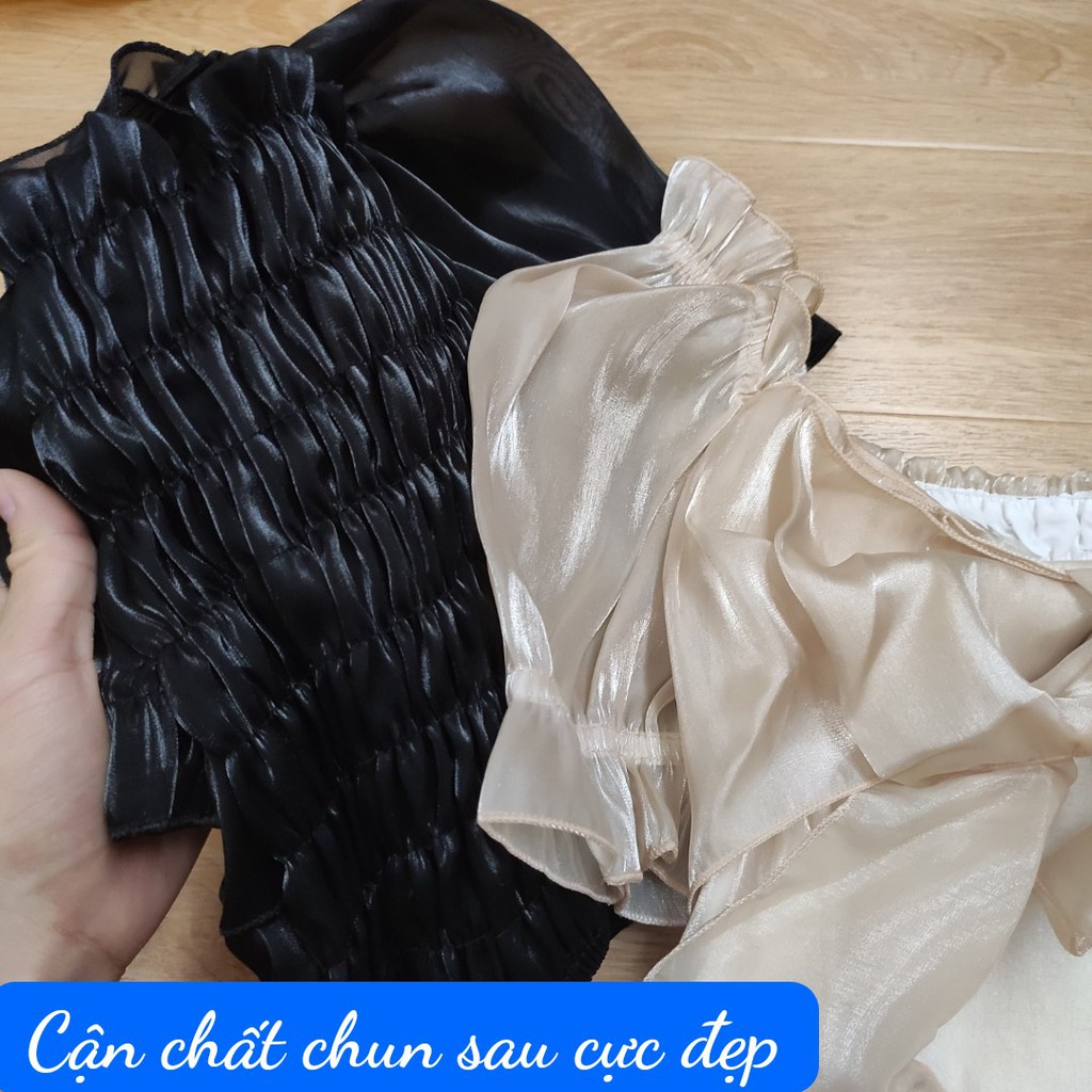 (HÀNG QC) ÁO CROPTOP VOAN KÍNH NƠ NGỰC BẢN TO MÀU BE - ÁO TRỄ VAI MẶC 2 KIỂU CỔ VUÔNG CHIFFON ULZZANG