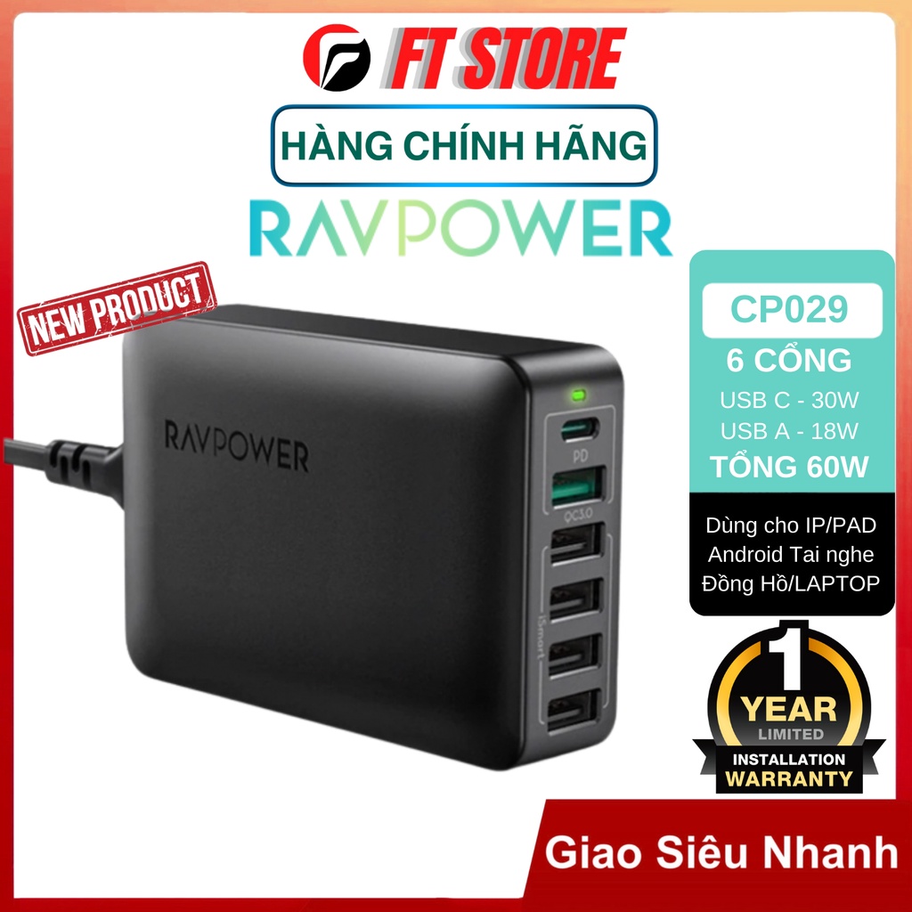 Trạm Sạc Để Bàn Ravpower RP PC029 Pro PD Pioneer 6 cổng, 60w Hỗ Trợ Sạc Nhanh Điện Thoại Máy Tính Laptop