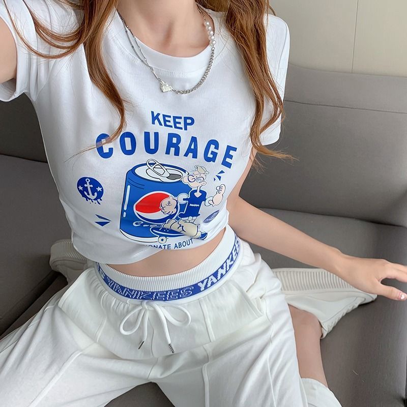 Jiashucheng Áo Thun Cotton Ngắn Tay Màu Trắng Dáng Ôm Eo Cao Phong Cách Mới Cho Nữ