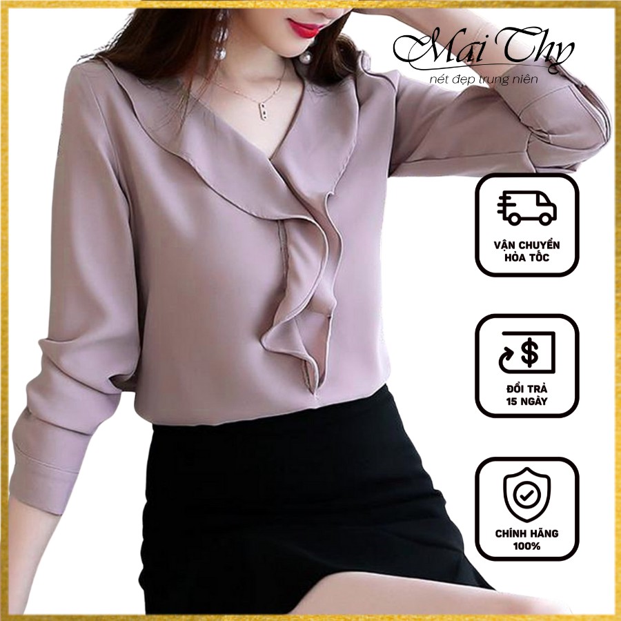 Áo Sơ Mi Công Sở Nữ, Kiểu Áo Sơ Mi Cổ Tròn Tay Dài Phối Ren Xinh Xắn | Thời Trang Công Sở Nữ - MT888