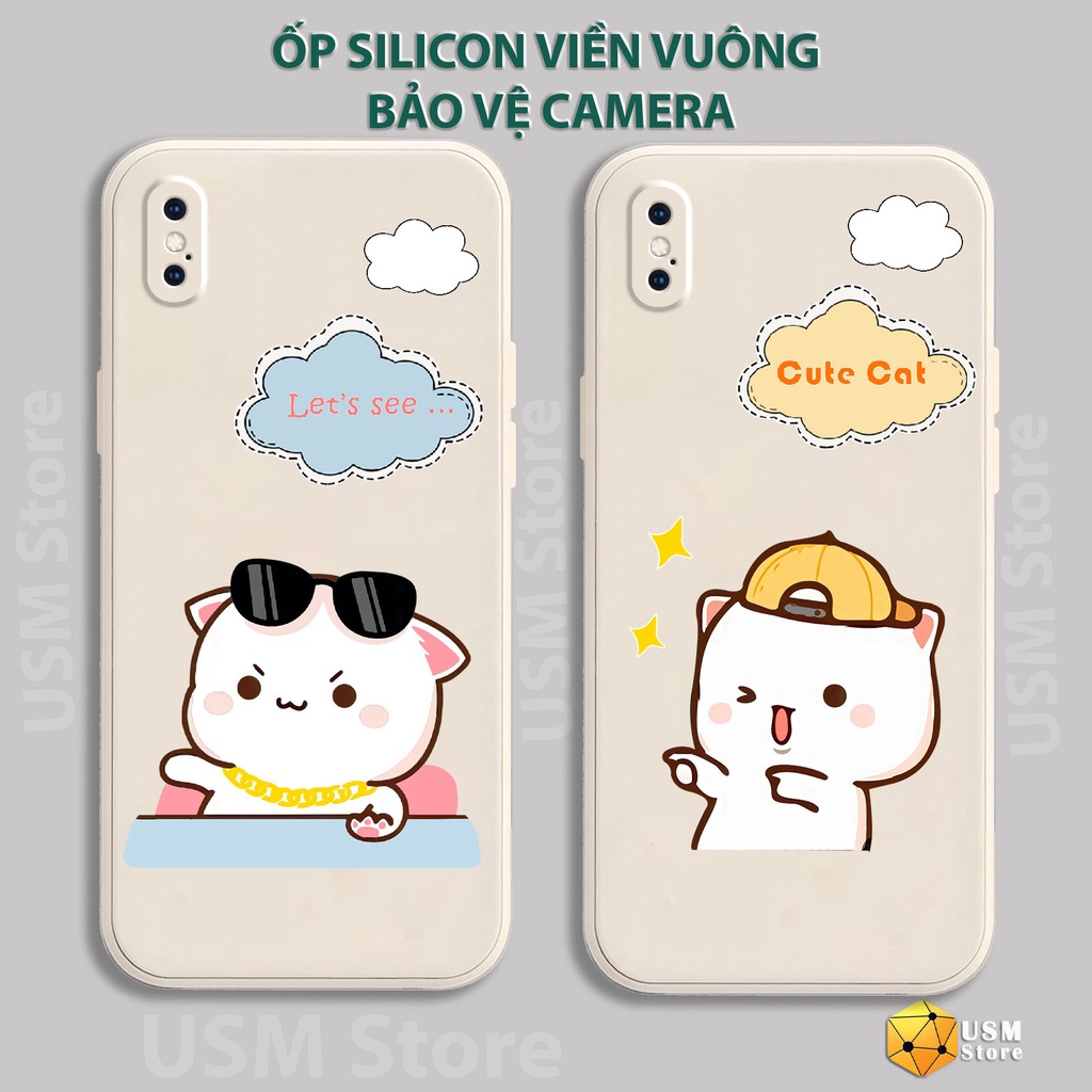 Ốp lưng iphone 6/6s/6 plus/7 plus/8plus/X/XS/XSmax viền vuông, có cạnh bảo vệ camera sau, hình Cat cute