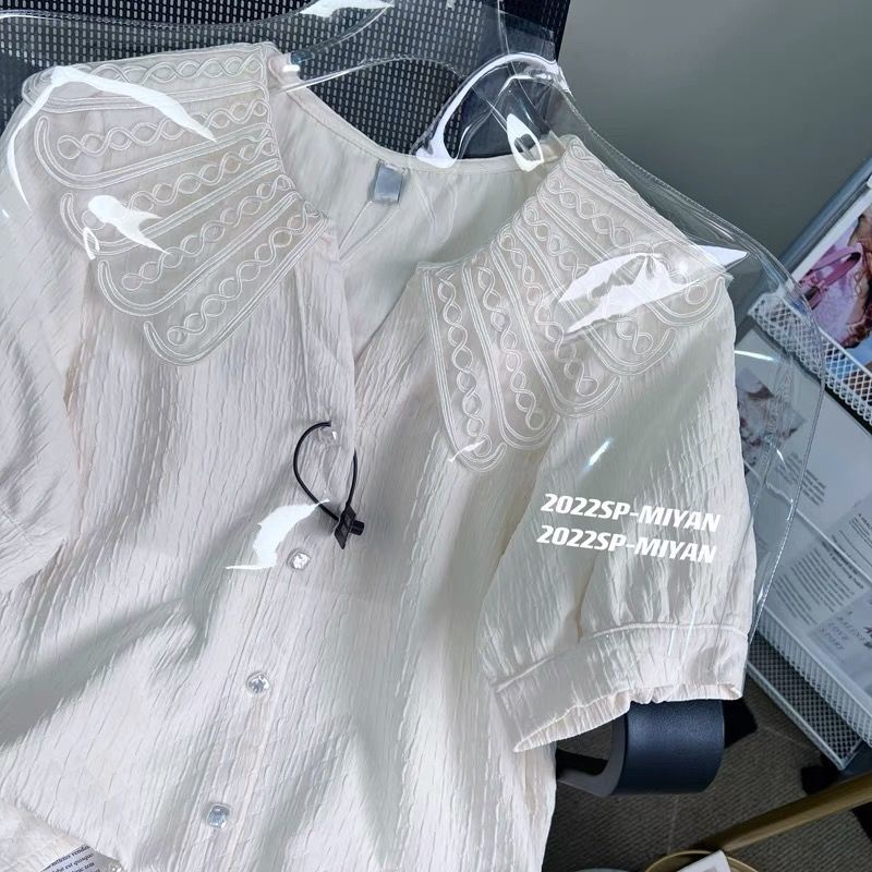 [Juxxi] Áo Chiffon Mỏng Tay Ngắn Cổ Búp Bê Phối Ren Thiết Kế Chất Lượng Cao Cho Nữ  tao bao