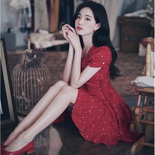 [BuFa] DX653 - Đầm Xòe Chấm Bi Đỏ Đắp Chéo Cột Nơ Eo