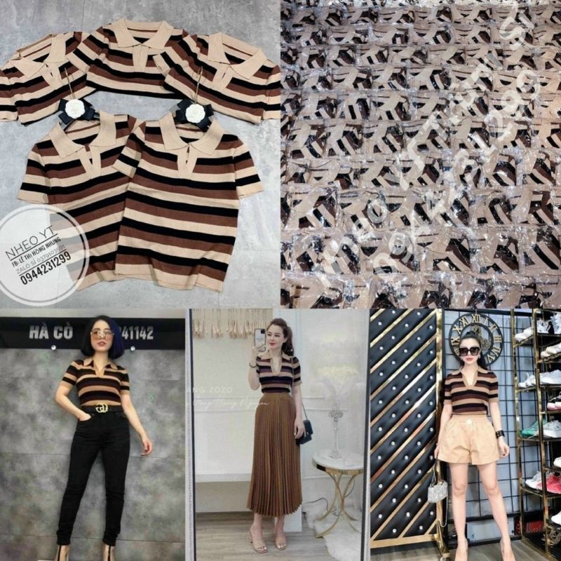 Áo len kẻ ngang cổ bẻ hàng QC