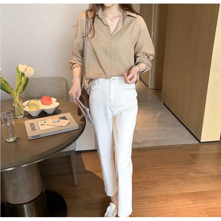 Áo Sơ Mi Tay Dài Dáng Rộng Màu Trơn Thiết Kế Đơn Giản Thời Trang Mới Cho Nữ