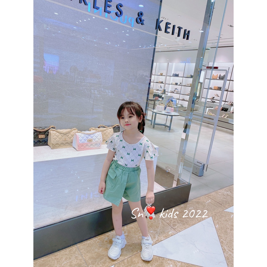 Bộ cộc tay bé gái, Bộ mùa hè đi chơi chất đũi nơ lưng kèm quần thô giả váy