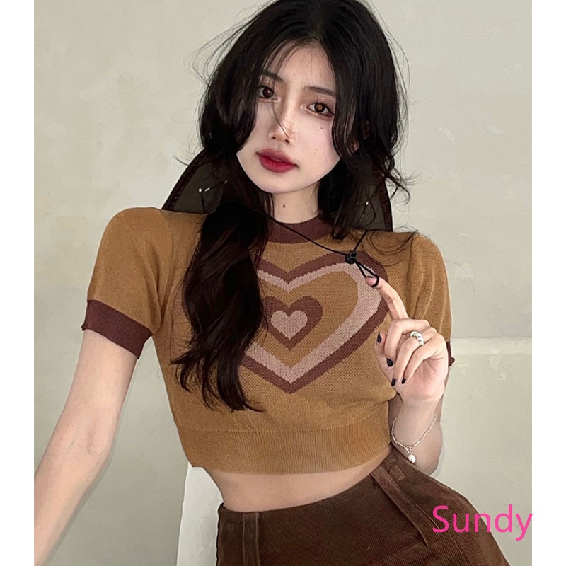 Áo Croptop Dệt Kim Tay Ngắn In Hình Trái Tim Quyến Rũ Thời Trang Mùa Thu Cho Nữ