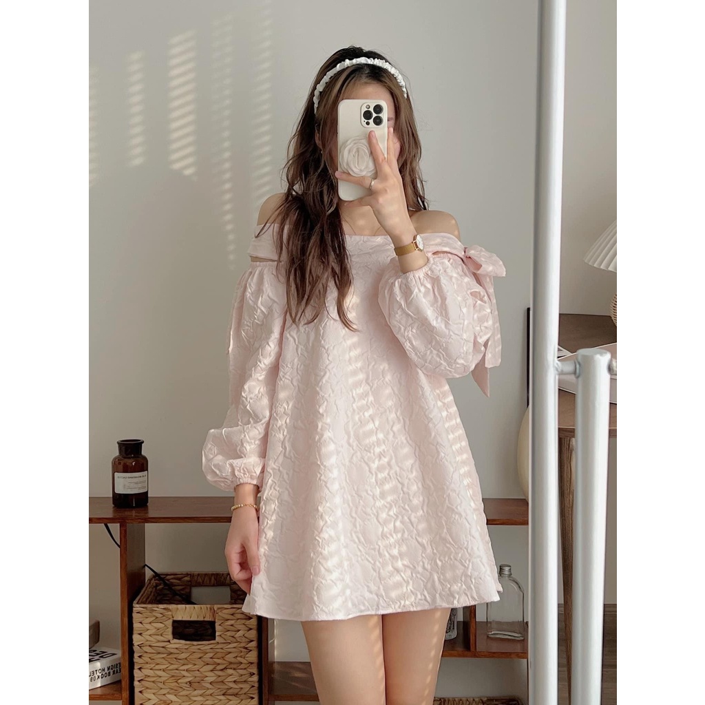 [Ảnh thật/Sẵn] Áo váy xốp gấm trễ vai thắt nơ vai dáng xòe giấu quần