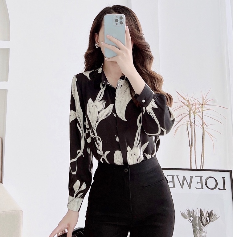 Áo sơ mi nữ dài tay họa tiết hoa lan trắng ZYM'S HOUSE K1214