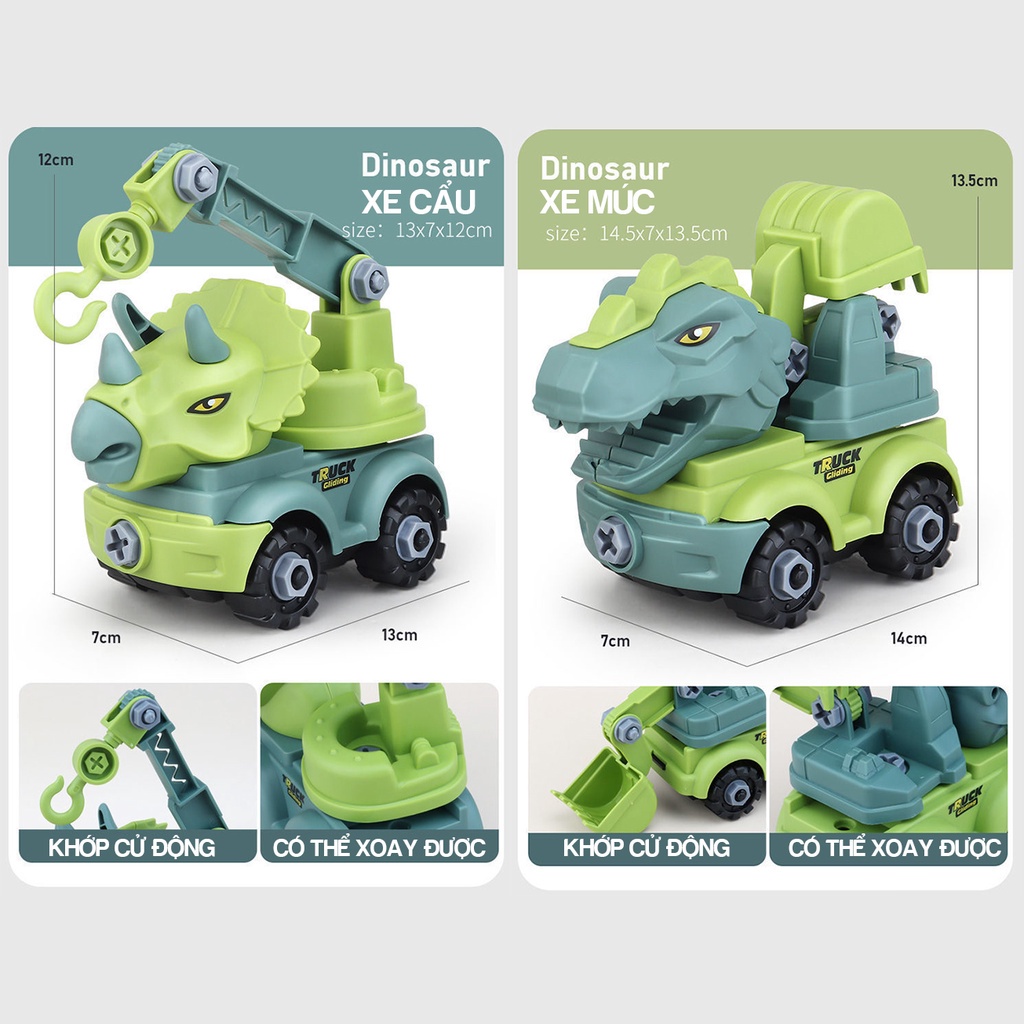Đồ chơi bộ lắp ráp 4 xe khủng long công trình  kèm cle, tô vít, nhựa ABS an toàn cho bé
