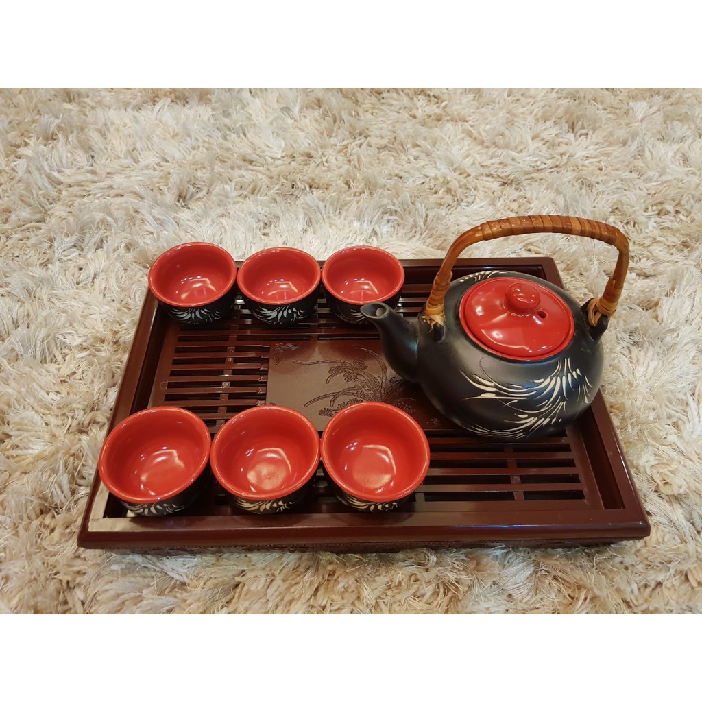 COMBO bộ ấm chén @ đen + KHAY NHỰA