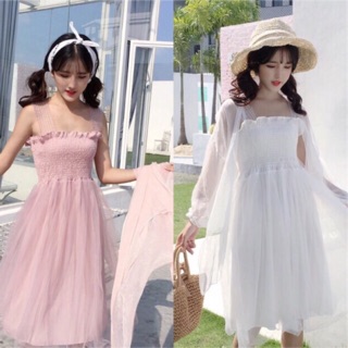 🌸ORDER🌸 Váy ulzzang Maxi dài bồng 2 lớp bo ngực / Áo khoác voan mỏng