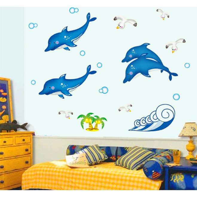 Decal trang trí bốn chú cá heo- DẠ QUANG