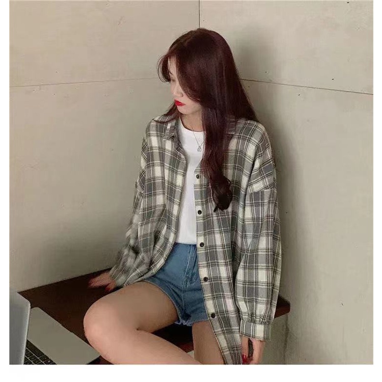 Áo Sơ Mi Tay Dài Dáng Rộng Kẻ Sọc Kiểu Retro Hàn Quốc Cá Tính