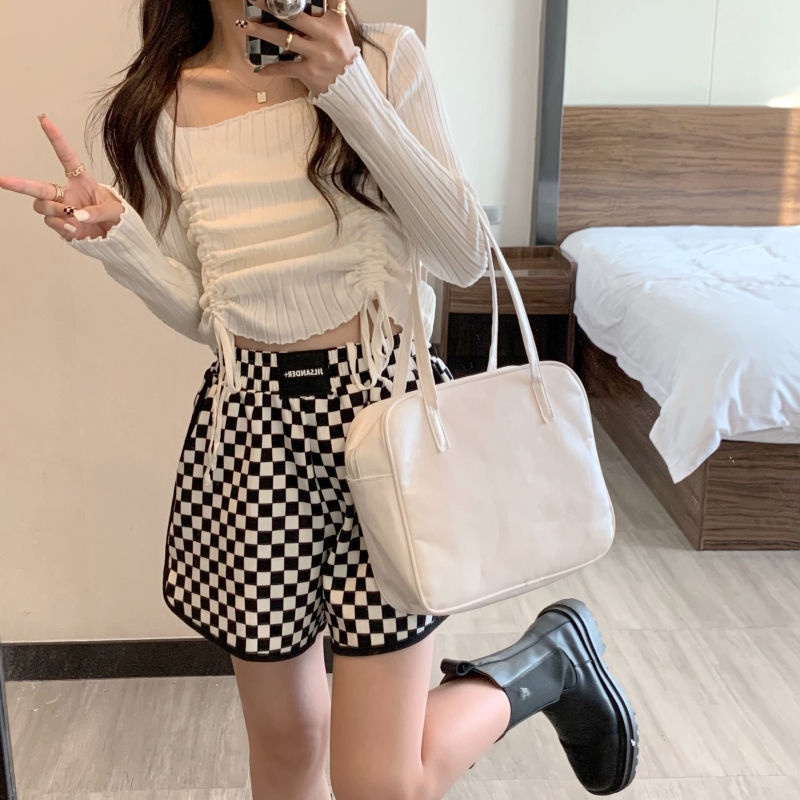 [LININ] Quần Short Thể Thao Lưng Cao Dáng Rộng Họa Tiết Kẻ Sọc Phong Cách Mới Cho Nữ