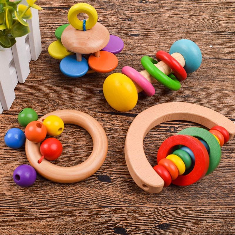 Combo 5 Món Xúc Xắc, Lục Lạc Bằng Gỗ Cho Trẻ Sơ Sinh Luyện Tập Khả Năng Cầm Nắm,Màu Sắc Bắt Mắt,Âm Thanh Vui Tai