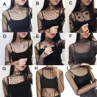 Áo cánh thun lưới dáng rộng màu trơn cổ cao xinh xắn cho nữ