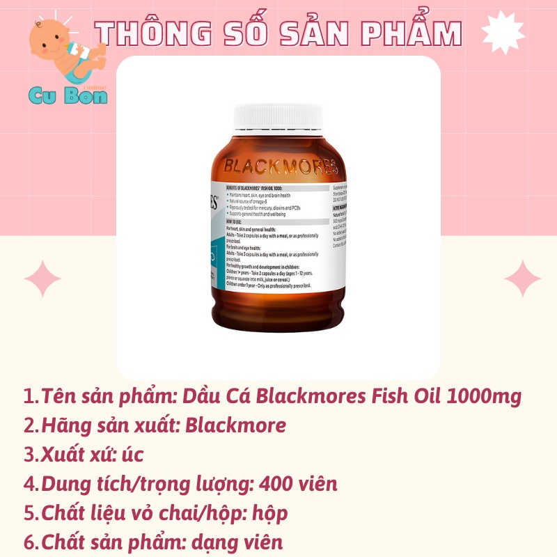 Dầu Cá Blackmores Fish Oil 1000mg 400 Viên không mùi dạng viên to so với mini caps dành cho mọi lứa tuổi và bà bầu