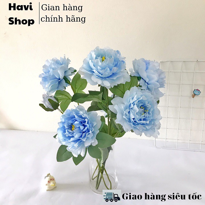 Hoa giả - Hoa Mẫu Đơn Havi 70cm cành 2 bông to 1 nụ nhỏ trang trí đẹp, giống thật