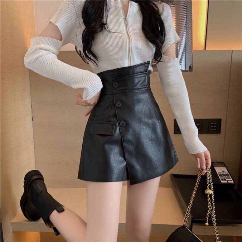 CHÂN VÁY DA CHỮ A VẠT LỆCH,ĐÙI GIẢ VÁY CẠP CAO SIÊU TÔN DÁNG