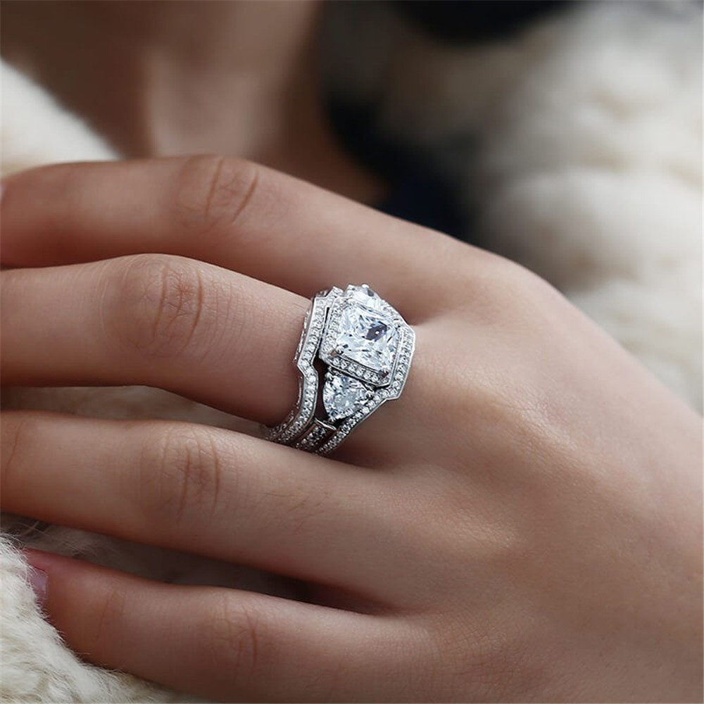 2020 hot sale cross-border new product European and American silver double heart zircon three-piece ring