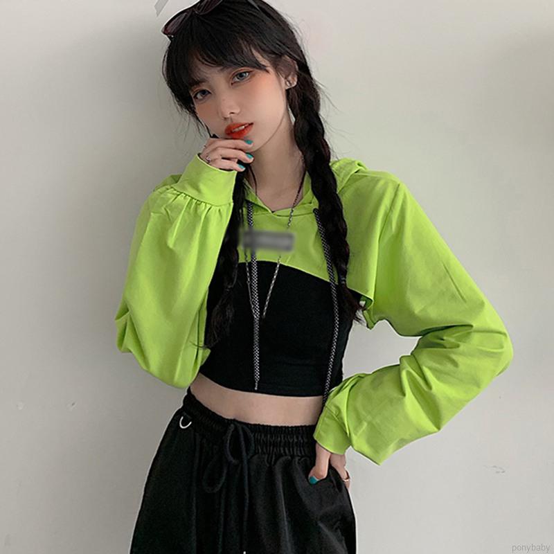 HÀN QUỐC Áo Hoodie Siêu Ngắn Nữ Crop Top Hip-hop Dài Tay Áo