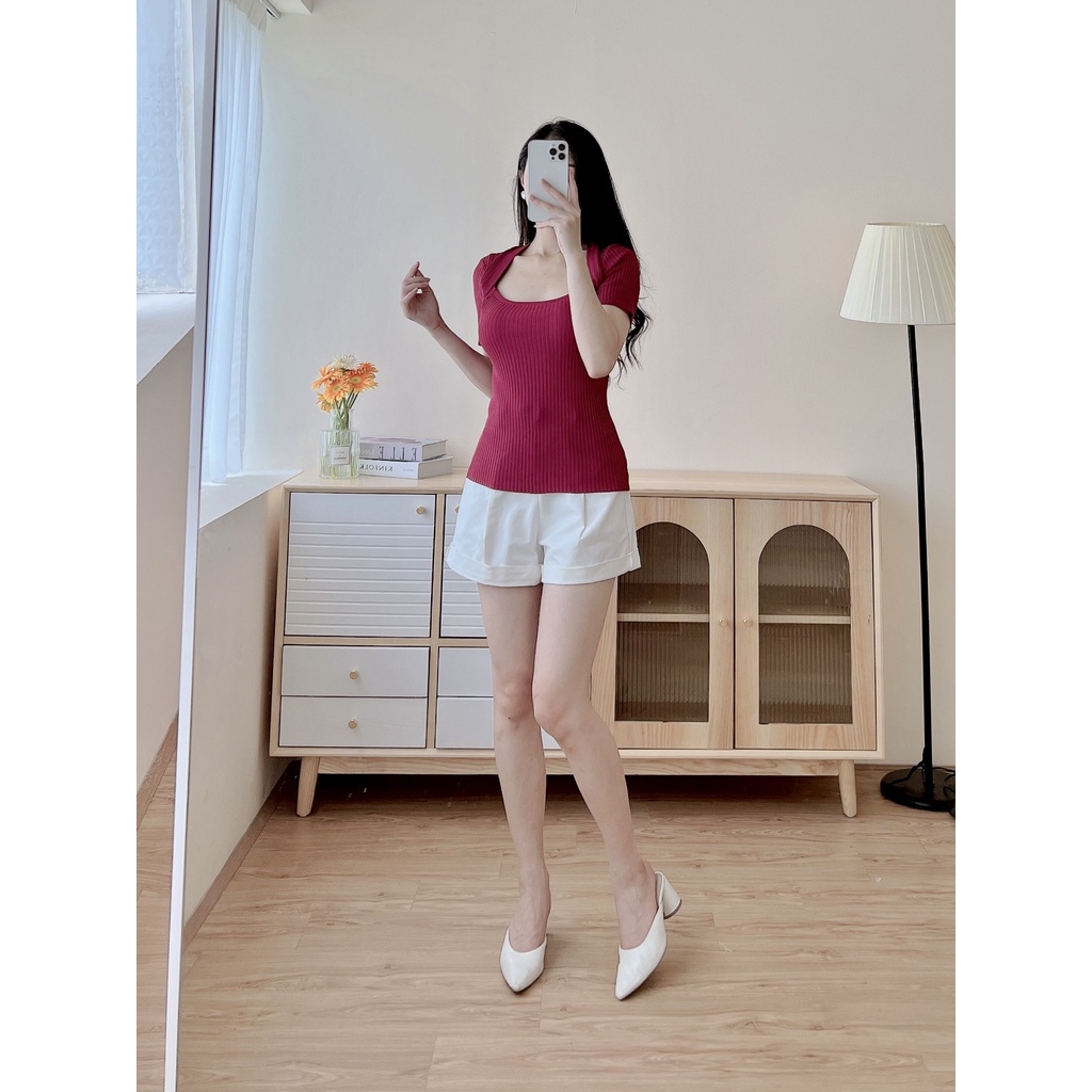 Áo len tăm kiểu trễ cổ thiết kế trẻ trung co dãn mix Quần sooc Quần baggy Eva Lover