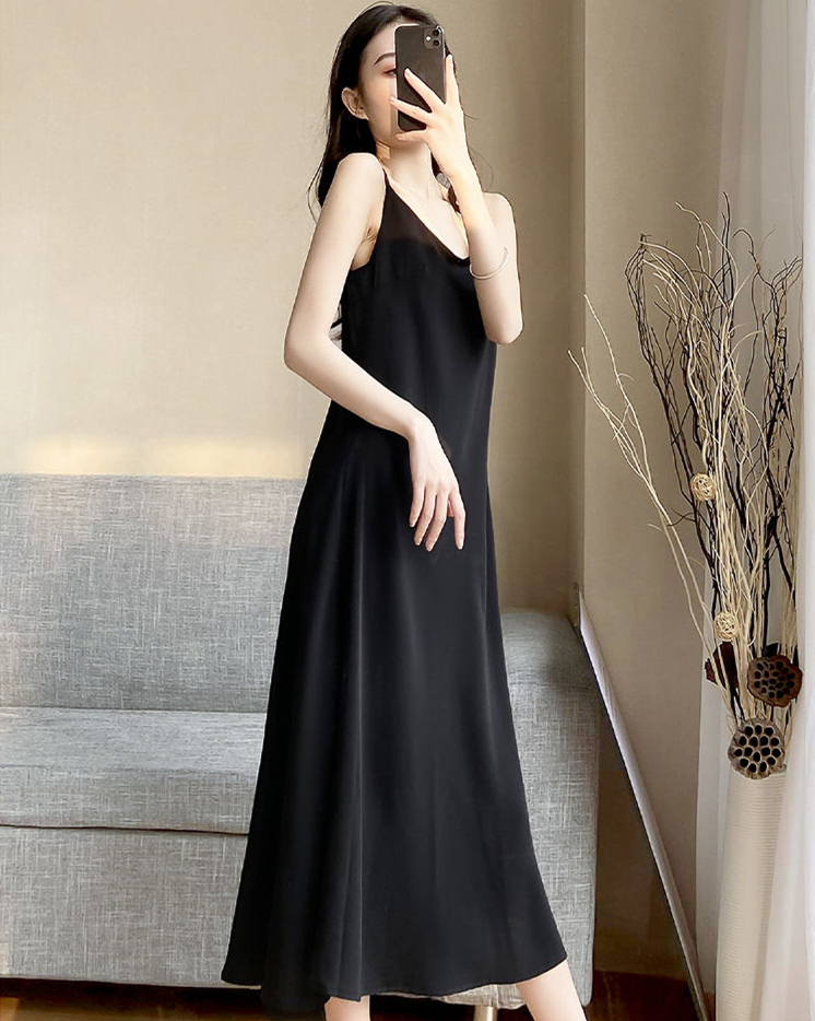 Đầm Voan Màu Đen Trơn Ôm Eo Phong Cách Hàn Quốc Thời Trang