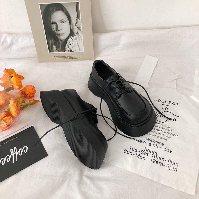 Giày oxford da ulzzang mũi tròn đế bánh mì phong cách Hàn Quốc