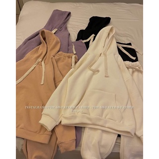 Set áo hoodies nỉ bông kèm quần màu trơn