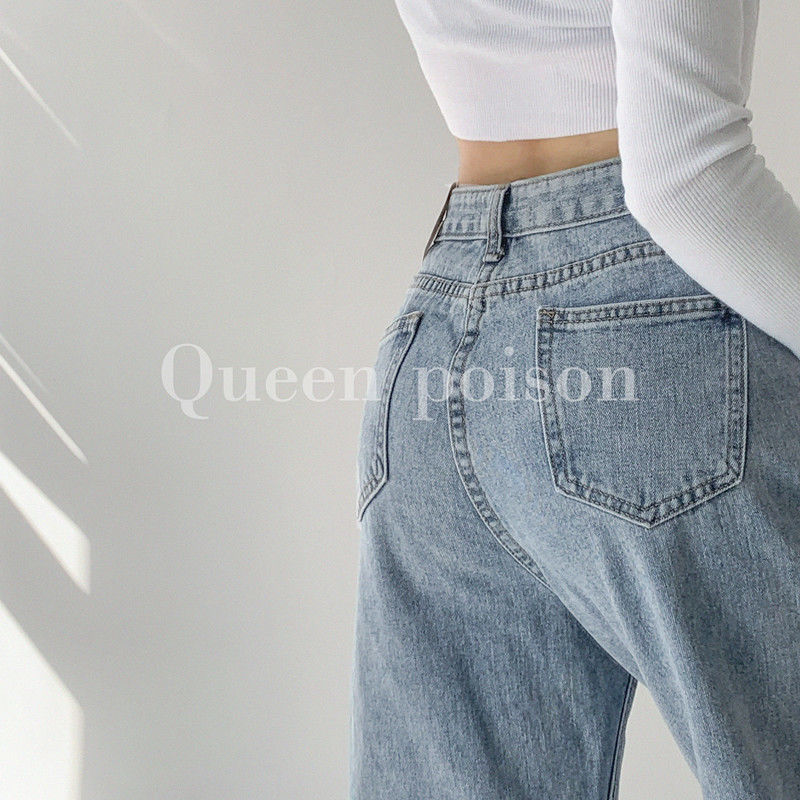 Quần Jeans Lưng Cao Ống Rộng Cá Tính Cho Nữ