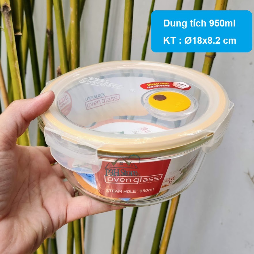 bộ 2 Hộp thủy tinh chịu nhiệt Lock&lock OvenGlass Steamhole  dung tích  950ml hình tròn LLG861T