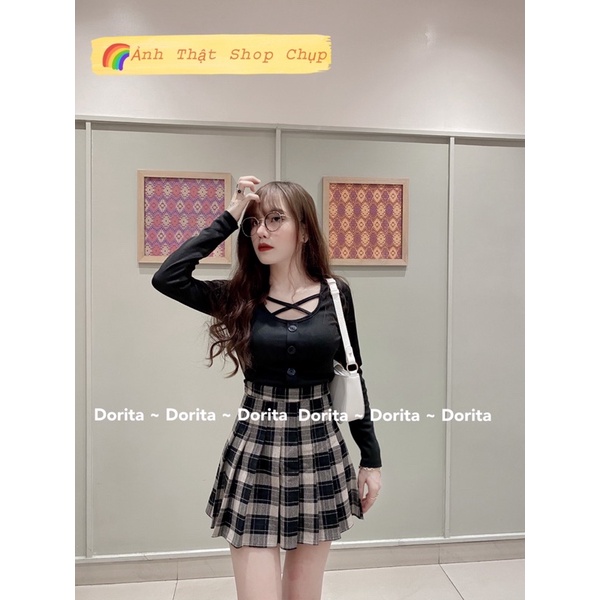 Áo trễ vai kẻ Caro Hàn Quốc, Áo trễ vai Caro siêu xinh - Dorita Boutique