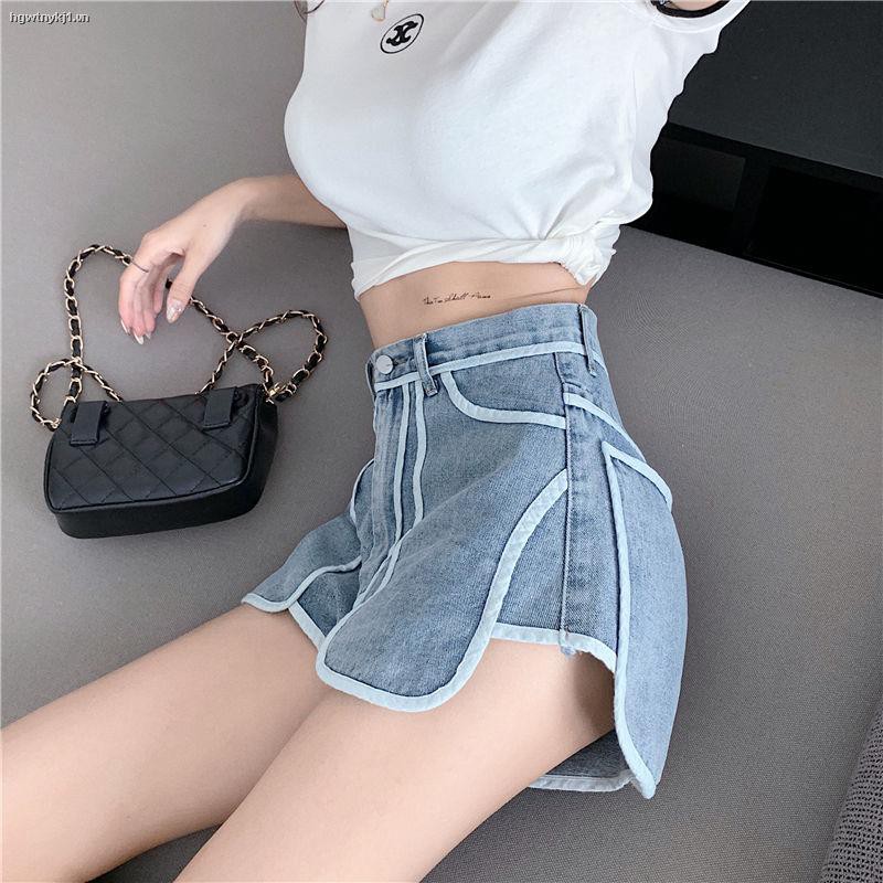 Quần denim ngắn lưng cao ống rộng phối màu tương phản phong cách hè nữ tính