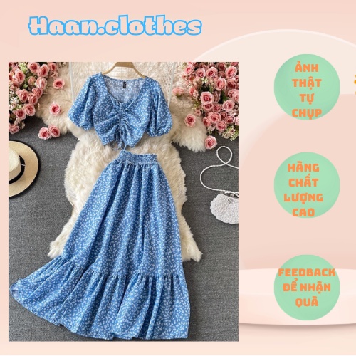 Set áo tay ngắn croptop hoa nhí cổ V rút dây + chân váy hoa nhí 10 màu