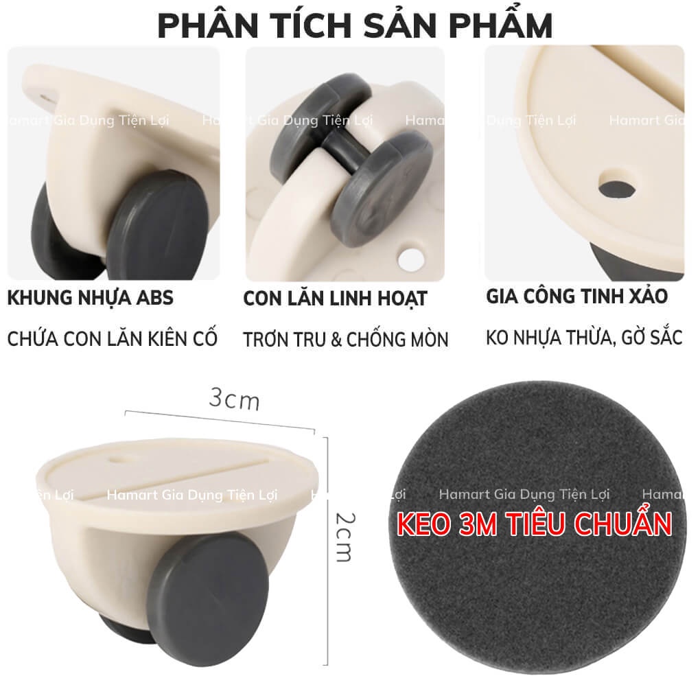Bộ 4 Bánh Xe Dán Đáy Keo 3M Di Chuyển Thùng Rác Hộp Đựng Đồ Dạng Bánh Lăn Linh Hoạt Tiện Lợi