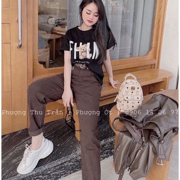 Quần jeans FOREVER 21 denim kaki baggy lưng cao xắn gấu màu nâu