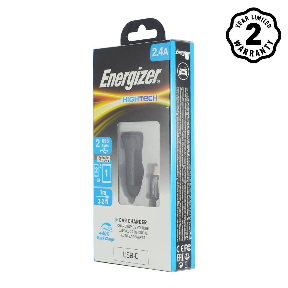 Combo sạc dự phòng Energizer 10,000mAh UE10053 + Sạc ô-tô Energizer 2.4A 2USB màu đen kèm cáp USB-C2.0 - DCA2BHC23