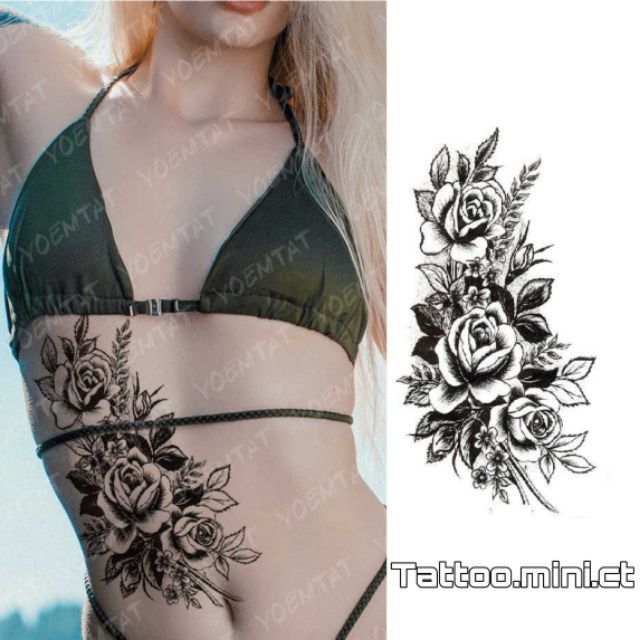 Hình xăm tatoo cao cấp, hoa hồng đen nghệ thuật size vừa xqb057