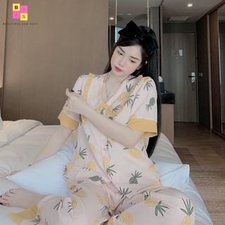 Bộ pijama cộc tay quần dài chất liệu lụa mango, bộ đồ ngủ nữ pyjama họa tiết quả dứa siêu kute DC22
