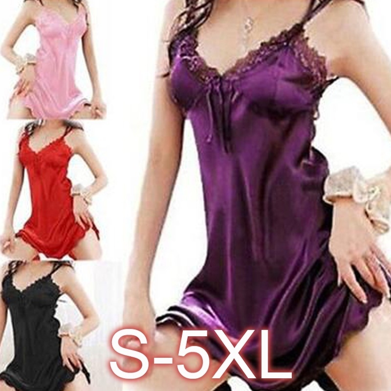 Sexy Sleepwear Phụ nữ Sexy Ngủ Váy ngủ Satin Lụa Ren Áo choàng Ngủ Đầm ngủ S-5XL