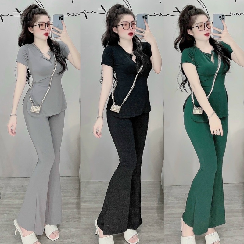 Set Bộ Áo Xẻ Tà Lai Bầu Cổ Nút Quần Ống Loe Siêu Sang