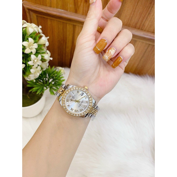 Đồng hồ nữ Rolex dây thép không gỉ , viền đá sang trọng , chữ số la mã thời thượng , đẳng cấp