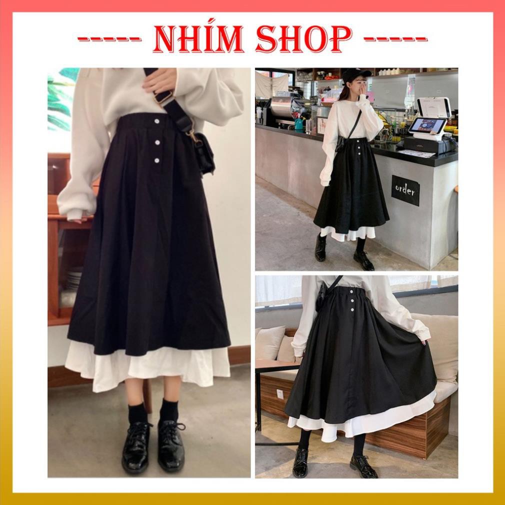 Chân váy phối khuy trắng cạp cao, chân váy dài ♥️ Chân váy ulzzang, chân váy xòe ♥️ Chân váy lưng cao - NhimShop CV11