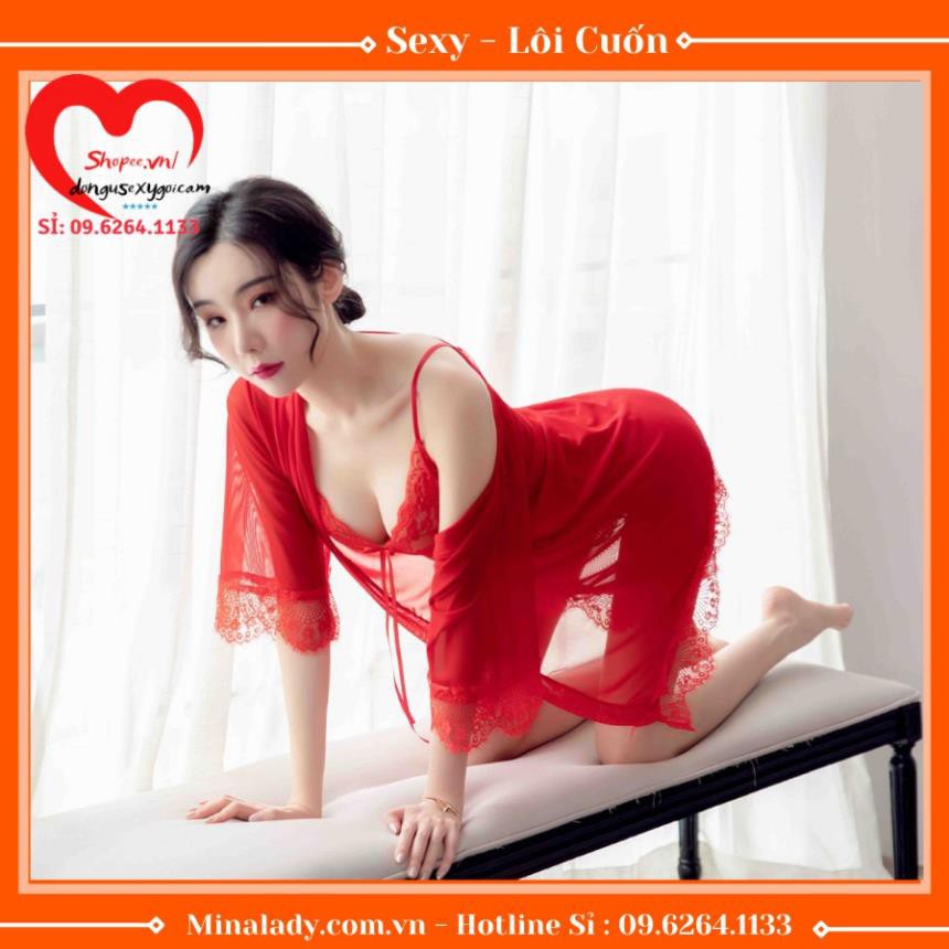 Váy Ngủ Sexy - Đầm Ngủ Sexy Ren Voan Mỏng Có Kèm Áo Choàng Thắt Dây-Không Có Mut Ngực Kèm Quần Lọt Khe VAYAOCHOANG T  ྇