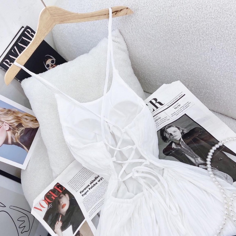 Váy maxi trắng xốp đầm đi biển hai dây hở lưng dáng suông dây đan lưng có lót xinh xắn  sexy  hàng thiết kế